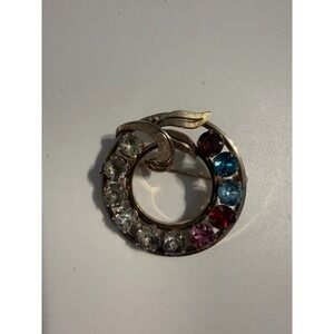 Van‎ Dell Vintage 12K Gold Filled Multi Color Rhinestone Wreath Brooch Pin Leaf